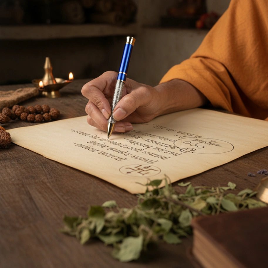 Abhimantrit Pyrite Pen, Blue & Gold - Aditya Kundali