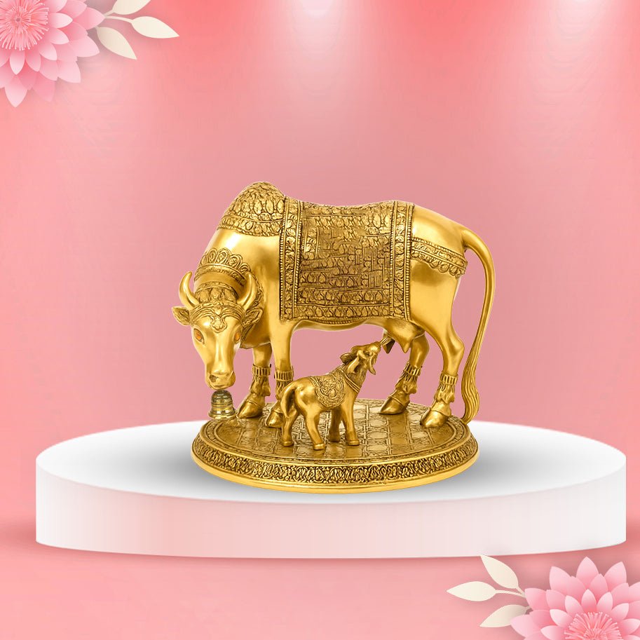 Brass Kamadhenu Cow & Calf Statue - Aditya Kundali