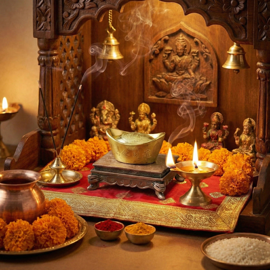 Ingot Boat Golden Brass Feng Shui - Aditya Kundali